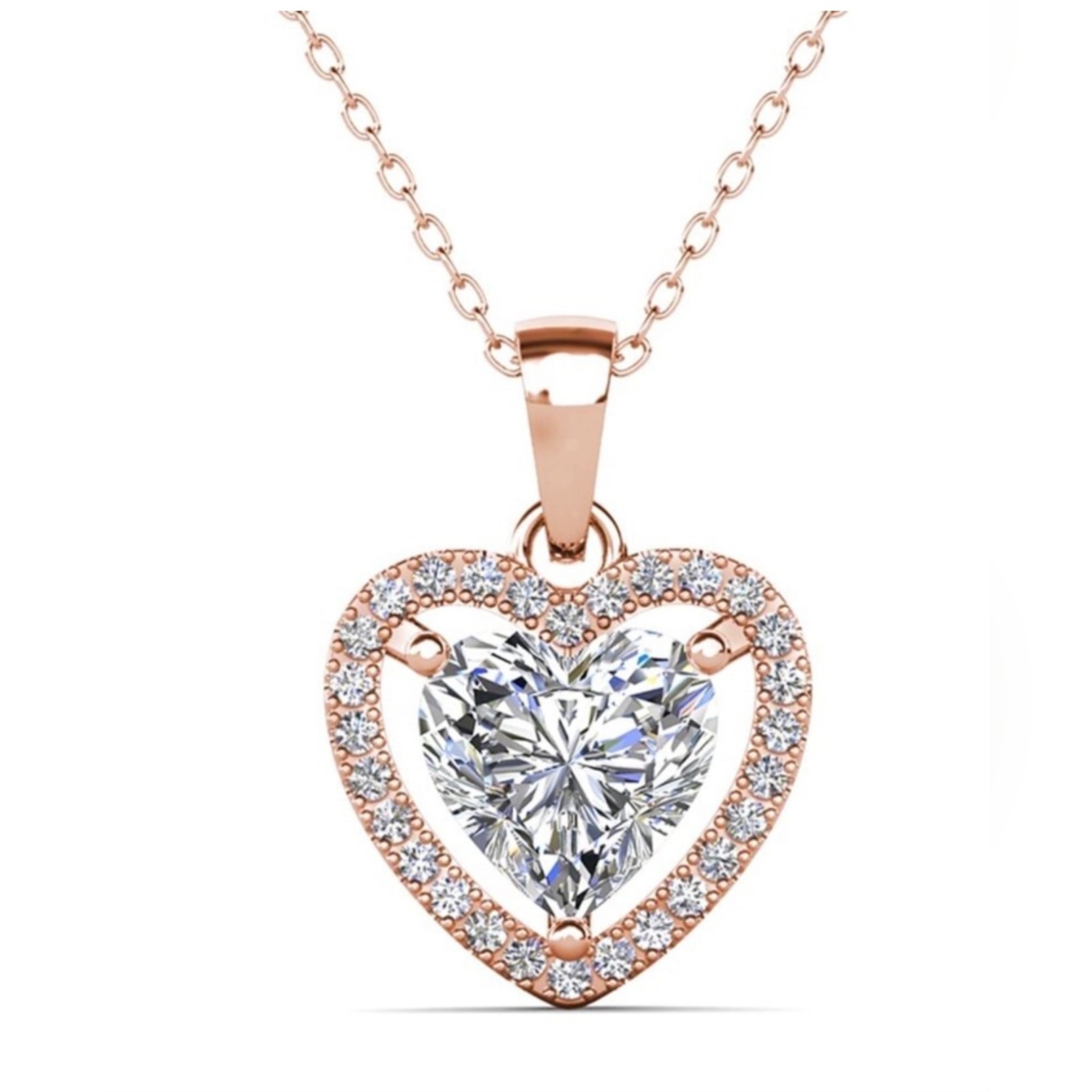 18k Rose Gold Plated Heart Pendant Necklace With Simulated Diamonds